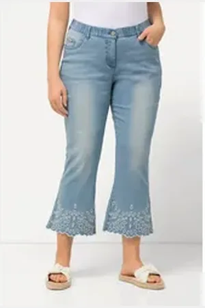 Ulla Popken Regular-fit-Jeans 7/8-Jeans Marie Stickerei Schlaghose ausgestellt blau 48