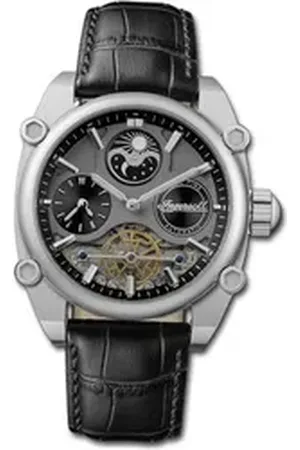 INGERSOLL 1892 Quarzuhr Herrenuhr Leder schwarz, (Analoguhr), Herrenuhr Lederarmband schwarz, rundes Gehäuse, extra groß (ca. 47mm) schwarz