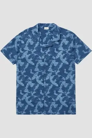 QS by s.Oliver Kurzarmhemd Kurzarmhemd mit All-over-Print in Leinenoptik blau 146/152