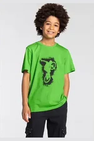 Kidsworld T-Shirt für Jungen Kurzarm, Basic-Passform, mit stylischem Druck, Rundhalsausschnitt grün 152/158
