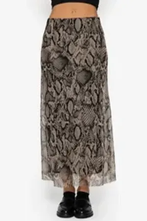 SASSYCLASSY Midirock Midi Rock Damen lang mit halbtransparentem Mesh Fließender Rock in Animalmuster mit Unterrock und Gummibund Braun Grau braun S