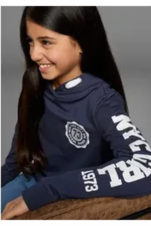 Kidsworld Kapuzensweatshirt Shirt mit Ärmelprint Langarm, mit stylischem Print, mit Kapuze, aus Baumwolle blau 164/170