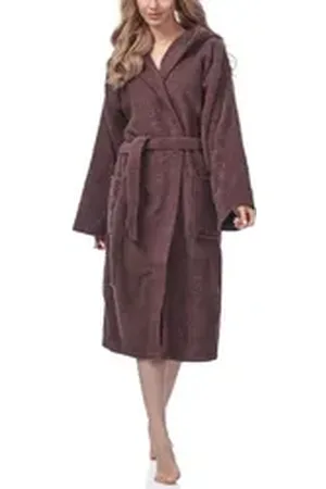 Ladeheid Bademantel Damen Frottee Bademantel aus 100% Baumwolle LA40-102, Langform, Baumwolle, Kapuze, elastischer Bund braun XL