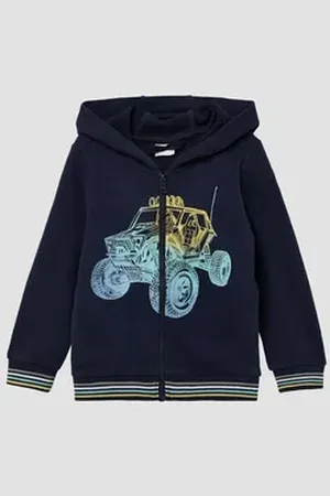 QS by s.Oliver Sweatjacke Kapuzen-Sweatshirtjacke mit Frontprint blau 128/134
