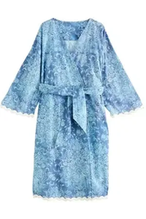 Laura Ashley Damenbademantel Morgenmantel mit Bogenkanten, Baumwolle, Leinen blau L