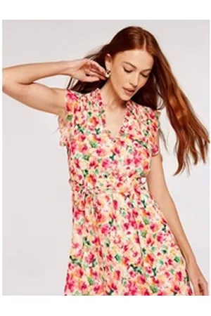 Apricot Druckkleid Brushstroke Bloom V-Neck Midi Dress, mit Blumenmuster, im Stufenlook beige M (38)