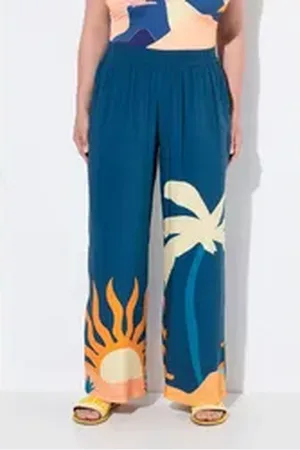 Ulla Popken Funktionshose Palazzohose Palmen/Sonnen weites Bein Elastikbund blau 58/60