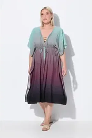 Ulla Popken Strandkleid Kaftan Farbverlauf Palmen V-Ausschnitt Halbarm grün 58-64