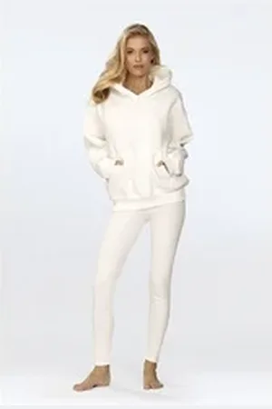 DKaren Freizeitanzug Hausanzug Jogginganzug Leggings Gerippt und Fleece Kapuzenpullover (Set, 2-tlg., Kapuzenpullover + Leggings), Großer Kapuze Baumwolle weiß M-38