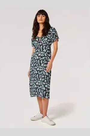 Apricot Druckkleid Daisy Floral Midikleid, in Faltenlegung blau XS (34)