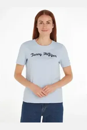 Tommy Hilfiger Kurzarmshirt REG SCRIPT C-NK SS mit Script Logo-Schriftzug blau XS (34)