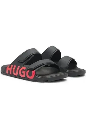 HUGO BOSS Evander_Sand Badepantolette Sommerschuh, Strandschuh, Schlappen mit zwei Klettverschlüssen schwarz 40 EU