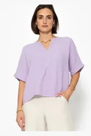 SASSYCLASSY Kurzarmshirt Oversize Musselin Shirt Damen kurz in V-Ausschnitt Lockere Kurzarm Shirt aus weichem Baumwolle mit feinem Schlitz Elegant L