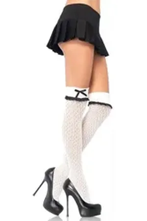 Leg Avenue Halterlose Strümpfe Overknees Strümpfe in Häkeloptik mit Bündchen weiß Einheitsgröße weiß