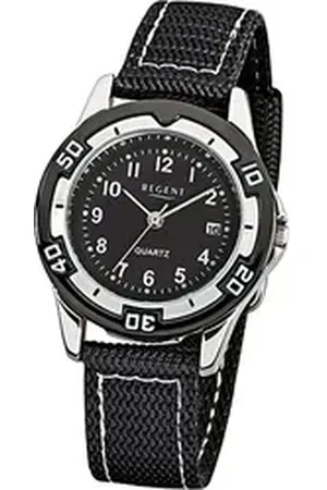 Regent Quarzuhr Textil Stoff Kinder Uhr F-317, (Analoguhr), Kinderuhr Textil, Stoffarmband schwarz, rundes Gehäuse, klein(ca 29mm) schwarz