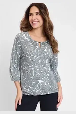 Olsen Print-Shirt (1-tlg) mit geschlitztem Rundhalsausschnitt und dekorativer Metallperle grün 40 Damen