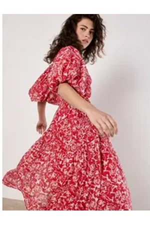 Apricot Druckkleid Gestuftes Midikleid, mit Rosenmuster rot L (40)