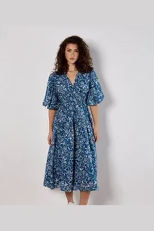 Apricot Druckkleid Gestuftes Midikleid, mit Rosenmuster blau XS (34)