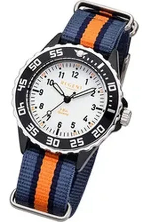 Regent Quarzuhr Textil Kinder-Jugend Uhr F-1206, (Analoguhr), Kinderuhr Textilarmband blau, orange, rundes Gehäuse, mittel (ca 35mm) blau