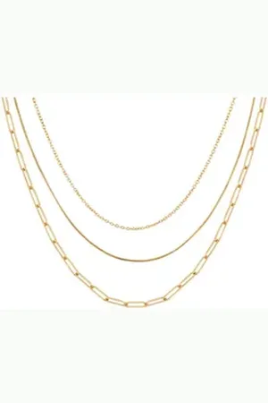 Karma Gliederkette Layering Kette Damen 3 reihige Halskette (Schlangenkette und Ankerkette, Lange Kette mit Karabinerverschluss), 18K vergoldet Goldene Gliederkette goldfarben