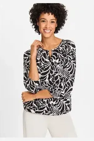 Olsen Print-Shirt (1-tlg) mit geschlitztem Rundhalsausschnitt und dekorativer Metallperle schwarz 40 Damen