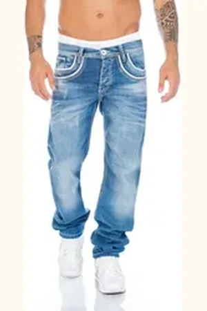 Cipo & Baxx Regular-fit-Jeans Herren Jeans Hose mit weißen Applikationen Jeans mit weißen Applikationen blau 34