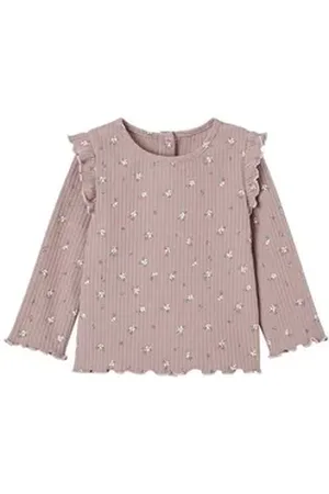 Vertbaudet Langarmshirt Geripptes Mädchen Baby Shirt mit Volantärmeln lila 62