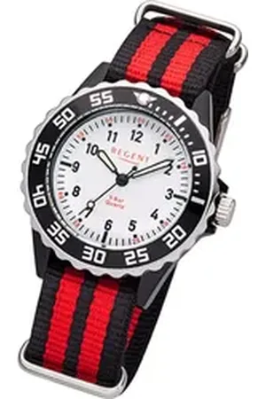 Regent Quarzuhr Textil Kinder-Jugend Uhr F-1205, (Analoguhr), Kinderuhr Textilarmband rot, schwarz, rundes Gehäuse, mittel (35mm) rot