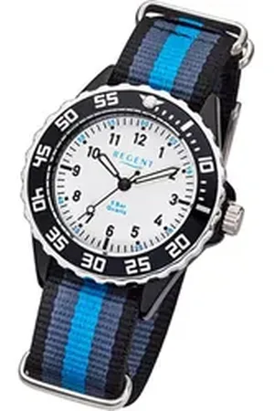 Regent Quarzuhr Textil Kinder-Jugend Uhr F-1204, (Analoguhr), Kinderuhr Textilarmband blau, schwarz, rundes Gehäuse, mittel (35mm) blau