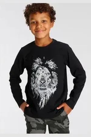 Kidsworld Langarmshirt WHITE LION Langarm, Basic-Passform, mit modischem Druck, Rundhalsausschnitt schwarz 140/146