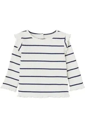 Vertbaudet Langarmshirt Geripptes Mädchen Baby Shirt mit Volantärmeln weiß 68