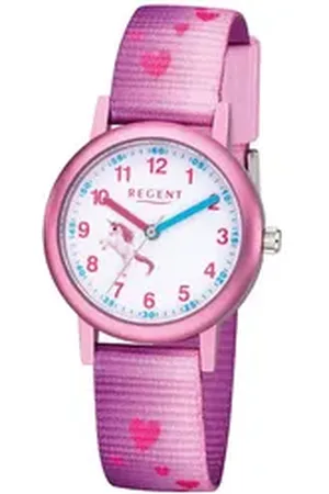 Regent Quarzuhr Kinder Uhr F-1207 Textil Quarzwerk, (Analoguhr), Kinder Armbanduhr rund, klein (ca. 29mm), Textilarmband rosa