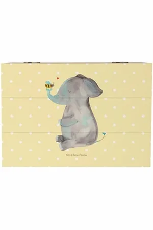 Mr. & Mrs. Panda Dekokiste Elefant & Biene - Gelb Pastell - Geschenk, Liebe, gute Laune, Schatzkiste, Geschenkbox, Liebesgeschenk, Schatulle, lustige Sprüche, Truhe, Holzkiste (1 St) gelb Ø 0 cm x 22 cm x 12 cm