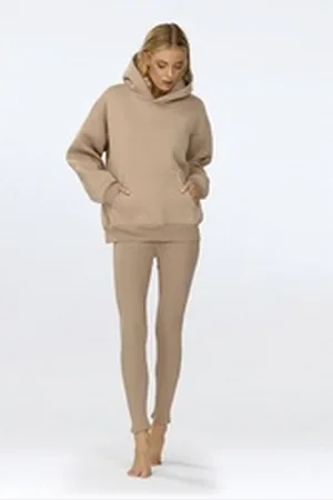 DKaren Freizeitanzug Hausanzug Jogginganzug Leggings Gerippt und Fleece Kapuzenpullover (Set, 2-tlg., Kapuzenpullover + Leggings), Großer Kapuze Baumwolle braun XL-42