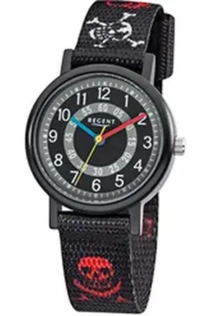 Regent Quarzuhr Kinder-Armbanduhr schwarz rot weiß, (Analoguhr), Kinder Armbanduhr rund, klein (ca. 29mm), Textilarmband schwarz