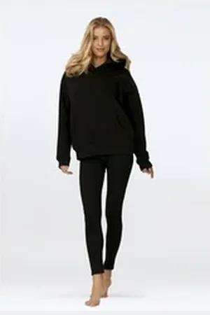 DKaren Freizeitanzug Hausanzug Jogginganzug Leggings Gerippt und Fleece Kapuzenpullover (Set, 2-tlg., Kapuzenpullover + Leggings), Großer Kapuze Baumwolle schwarz XS-34
