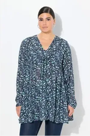 Ulla Popken Longbluse Bluse Alloverdruck A-Linie Carree-Ausschnitt blau|grün 42/44