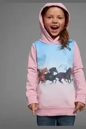 Kidsworld Longsweatshirt für kleine Mädchen Langarm, bedruckt, mit Kapuze, aus angerauter Sweatware blau|rosa 104/110