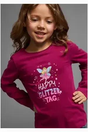 Kidsworld Langarmshirt Mit Spruch: Happy Glitzer Tag Langarm, hüftlange Passform, Rundhalsausschnitt rot 92/98