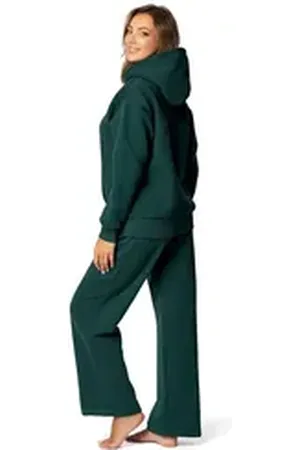 DKaren Freizeitanzug Damen Hausanzug Jogginganzug Baumwolle B9 Oversize (Set, 2-tlg., Kapuzenpullover + lange Hose), Großer Kapuzenpullover & breite Hose grün XXL-44