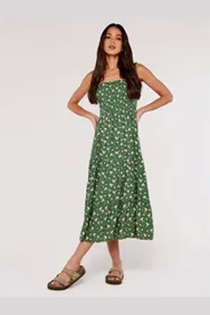 Apricot Midikleid Spaced Ditsy Smocked Tiered Dress, mit Blumendruck, mit Smokdetails grün M (38)