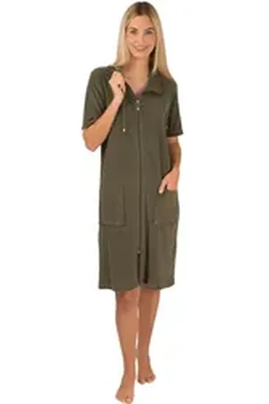 WeWo fashion Damenbademantel 033, Midilänge, Leichtfrottee, Stehkragen, Reißverschluss, Kragen mit Kordel grün 48/50