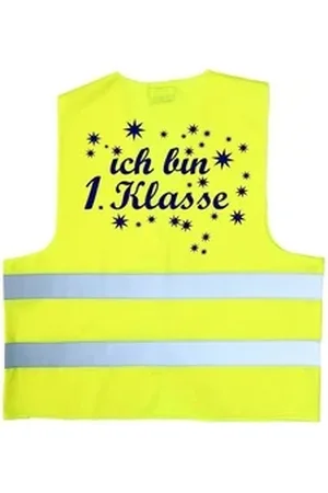 Coole-Fun-T-Shirts Schulranzen Ich bin 1. Klasse ! Kinder Warnweste zur Einschulung Schulanfang ABC Schützen Gr. XS 120-140 cm oder S 152-160 cm Sicherheitsweste Neongelb und orange gelb XS