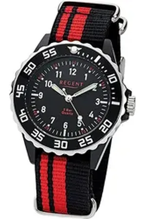 Regent Quarzuhr Textil Kinder Jugend Uhr F-1124, (Analoguhr), Jugenduhr Stoffarmband schwarz, rot, rundes Gehäuse, mittel (ca. 33mm) schwarz