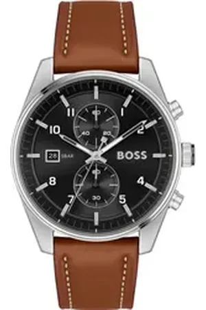 HUGO BOSS Chronograph SKYTRAVELLER 1514161, Quarzuhr, Herrenuhr, Armbanduhr, Stoppfunktion, Lederarmband braun