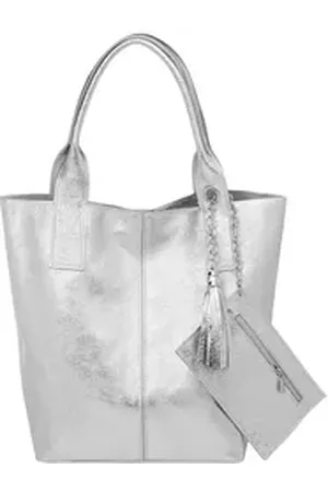 CASPAR Schultertasche große Wildleder Shopper Damen Tasche - CLASSIC LINE - Modell No.828, 100% italienisches Leder - mit stylischer Metallkette & Zusatztasche silberfarben