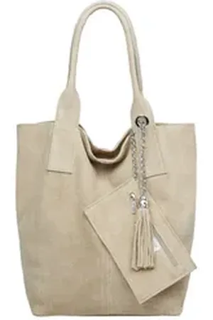 CASPAR Schultertasche große Wildleder Shopper Damen Tasche - CLASSIC LINE - Modell No.828, 100% italienisches Leder - mit stylischer Metallkette & Zusatztasche beige