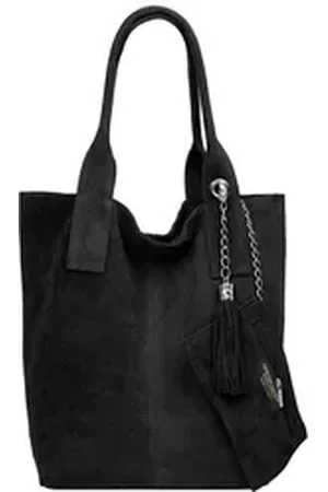 CASPAR Schultertasche große Wildleder Shopper Damen Tasche - CLASSIC LINE - Modell No.828, 100% italienisches Leder - mit stylischer Metallkette & Zusatztasche schwarz