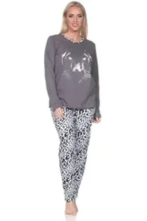 Normann Pyjama Damen langarm Pyjama mit Animal Motiv – auch in Übergröße grau 40-42