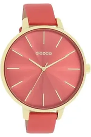 Oozoo Quarzuhr XL Damenuhr C11255 Goldfarben Lederband Rot 48 mm